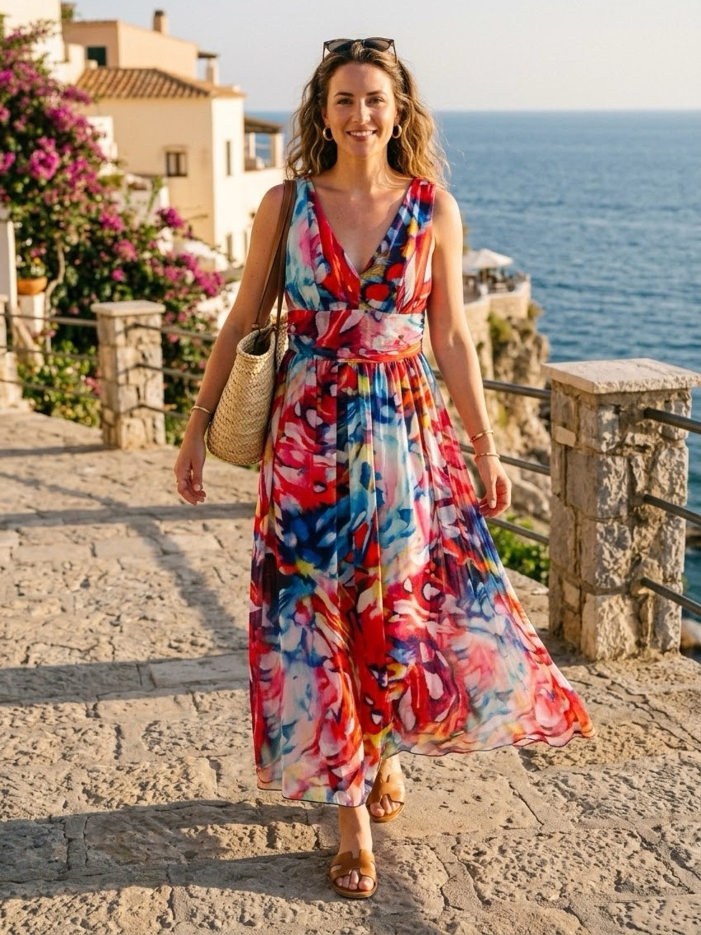 Sleeveless V-Neck Multicolor Maxi Dress with Red Floral Print